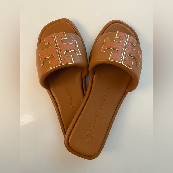 Tory Burch Shoes - Tory Burch Double T-Sport Slide Sandal in Miele/Gold - Size 6.5